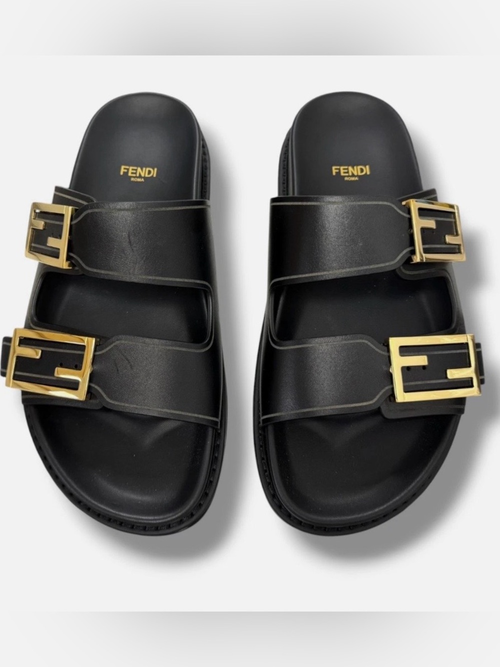 New Fendi Black Leather Double-Buckle Slide Sandals with Gold Hardware